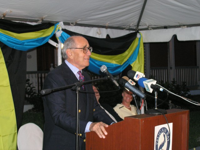 Photograph of Edward making a speech at the opening of Pelican Bay Hotel.